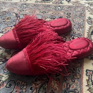 Birdies Red Feathered Satin Mules